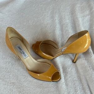 Jimmy Choo tan Patent Peep Toe Heels (has marks)